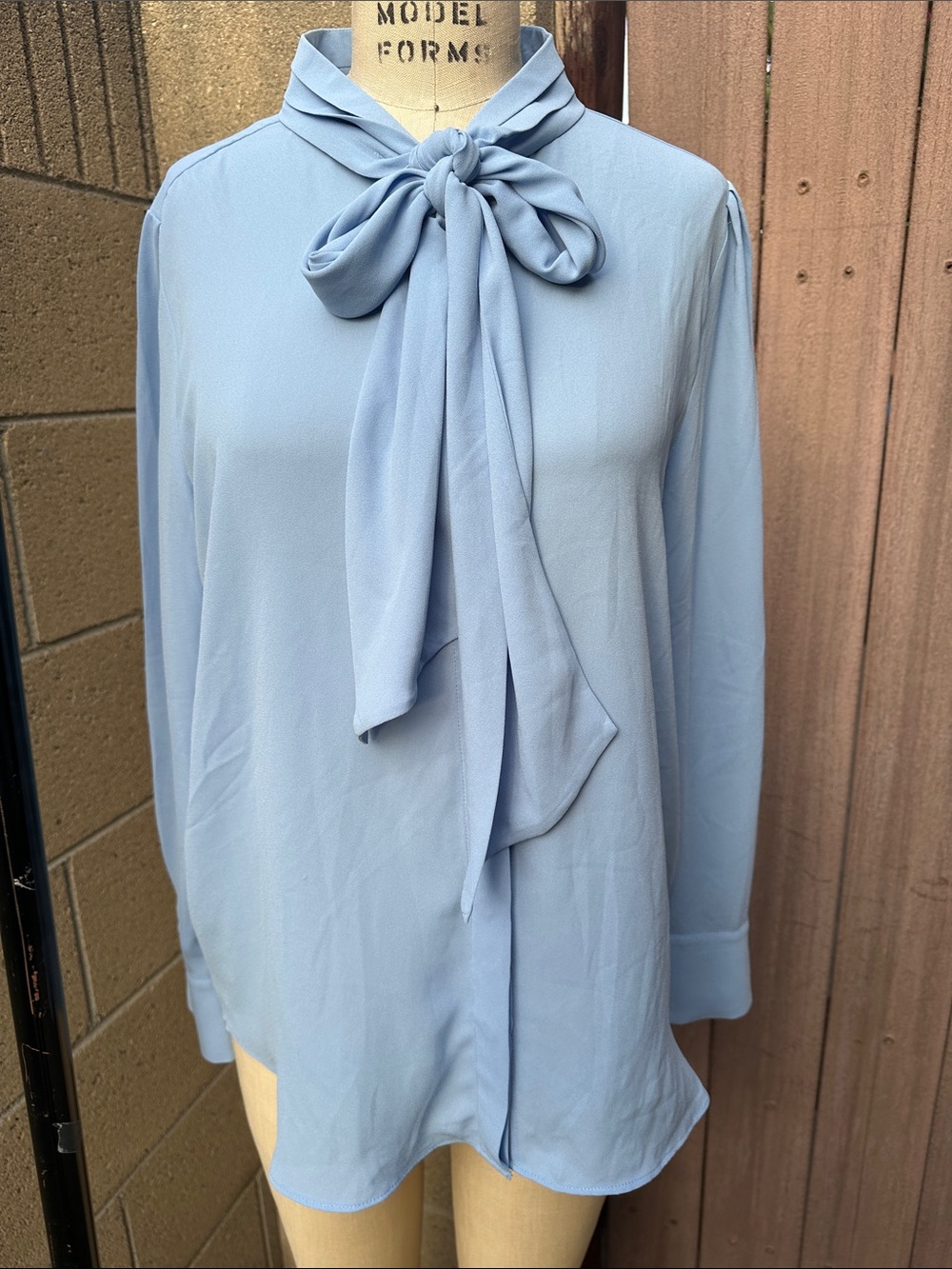 ANN TAYLOR | Women’s Petite M Light Blue Long Sleeve Tie Collar Career Blouse